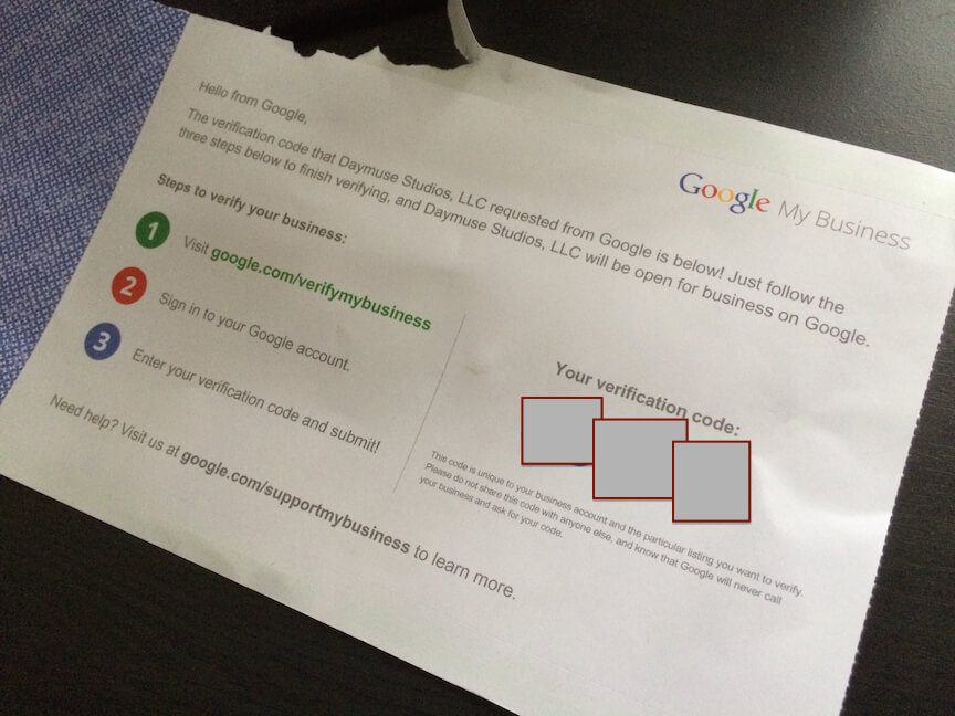 Google+ My Business Verification Postcard