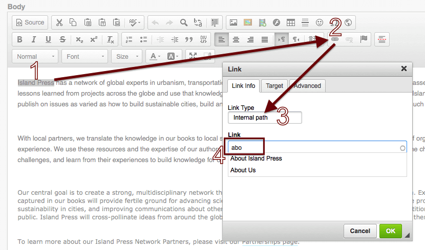 CKEditor Link Workflow Internal Path Process How To