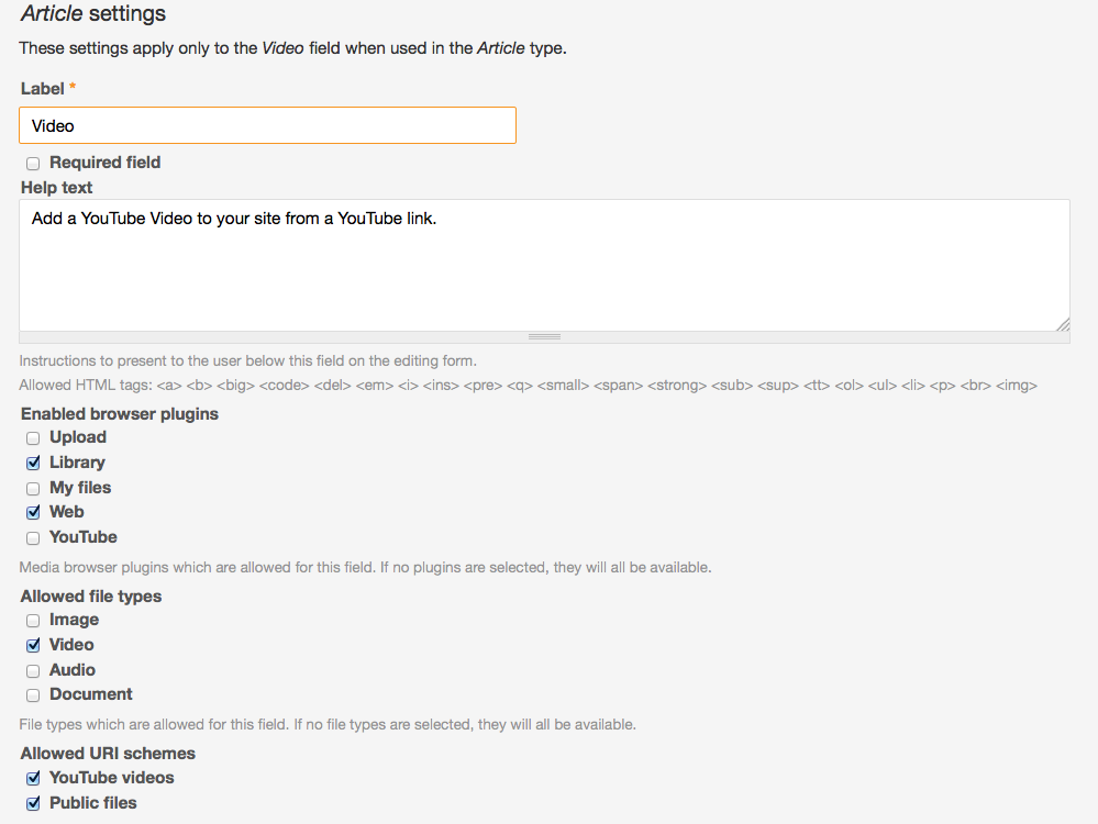 Drupal Content Type configure video field setting