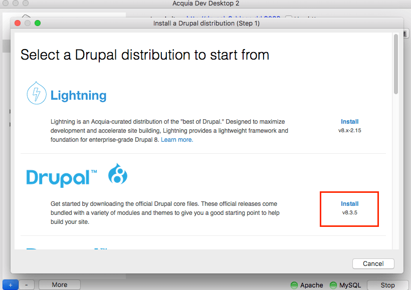 Drupal 8.3.5 install