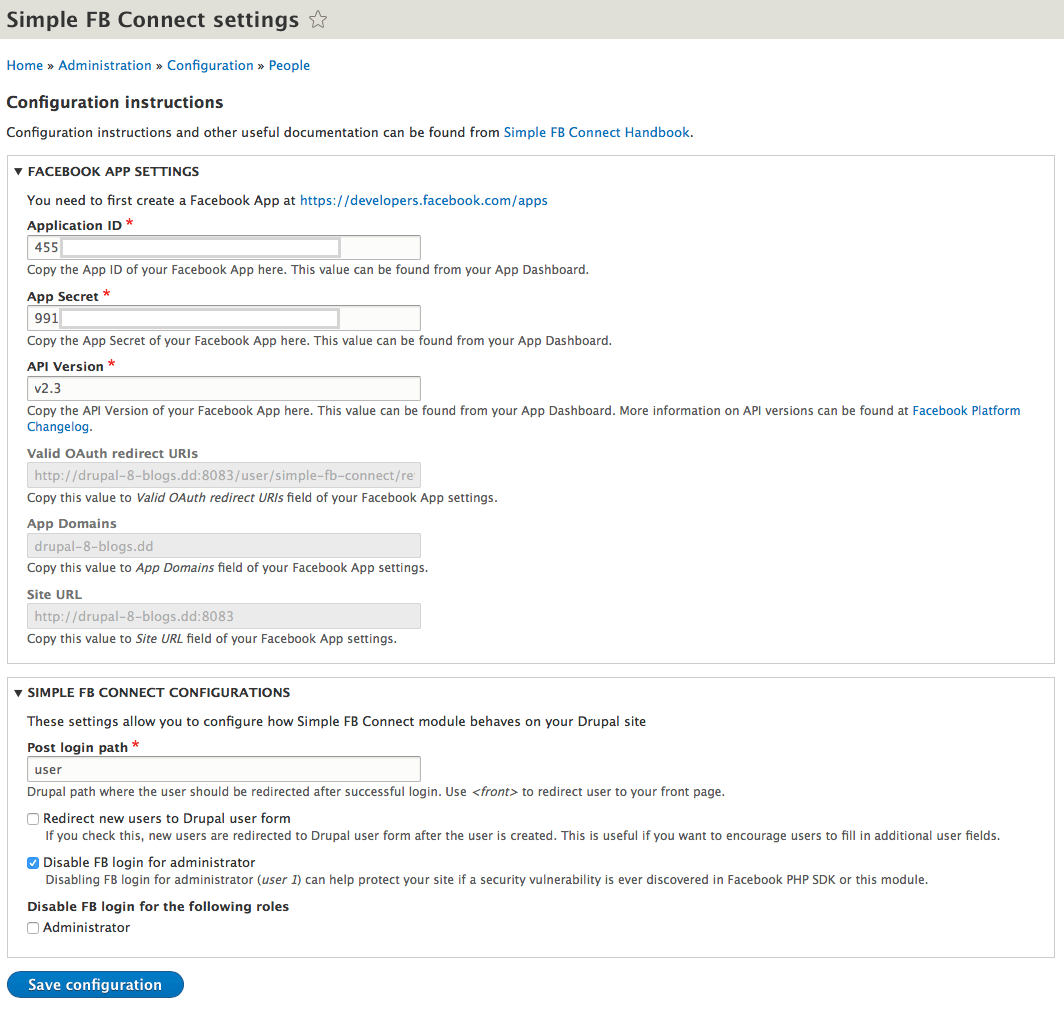 Facebook login documentation - configuration page