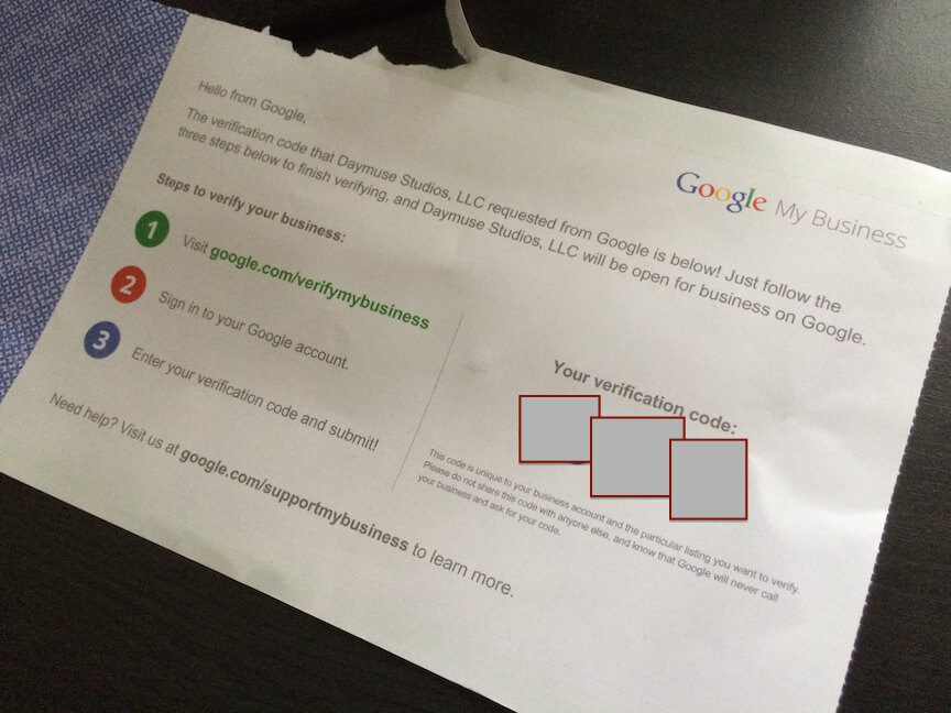 Google+ My Business Verification Postcard Google+ My Business Verification Postcard